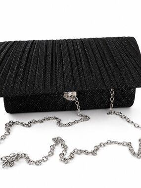 Black Glitter Pleated Evening Clutch with Chain Strap